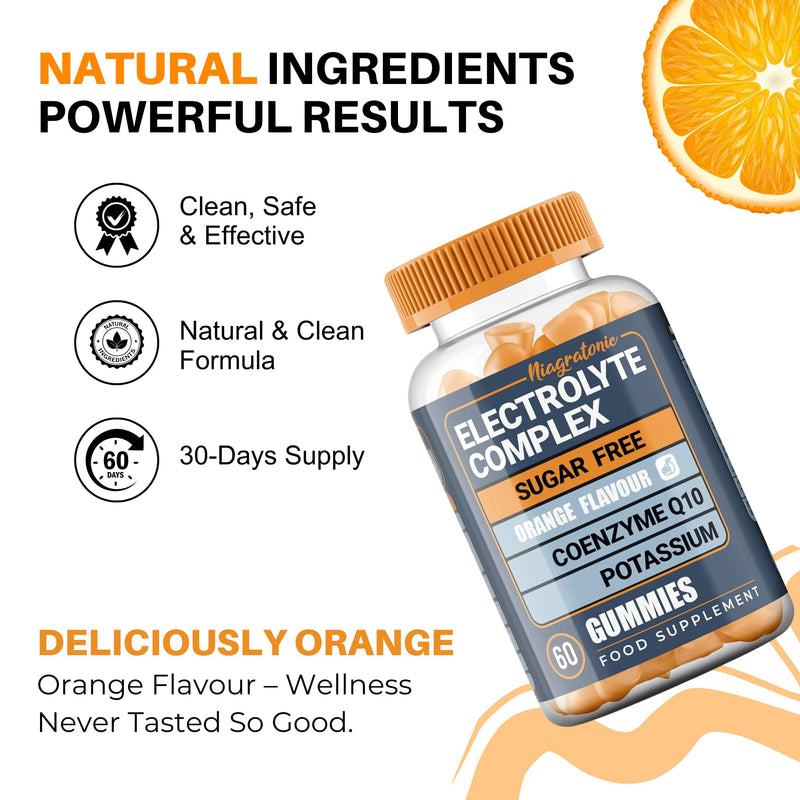 Electrolyte Gummies with Potassium & Magnesium | 60 Sugar Free Vegan Gummies | Orange Flavour | with Zinc, Calcium, Vitamin D3 & CoQ10 | 30 Day Supply