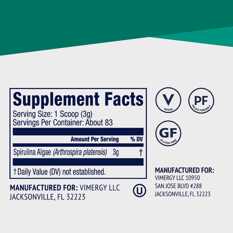 [Australia] - Vimergy Spirulina Powder ‚Äì Concentrated Plant Protein Supports Immune Health & Cardiovascular Function ‚Äì Vegan, Kosher, Gluten-Free ‚Äì 250g 8.8 Ounce (Pack of 1) 