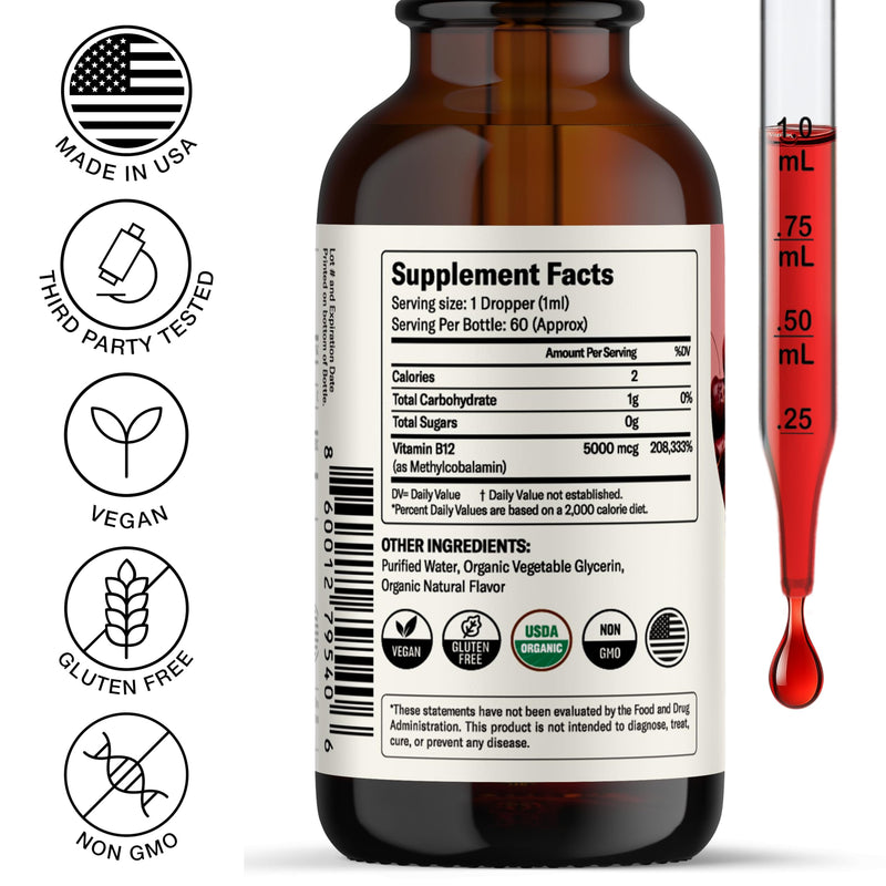 Nursh+ Boost Sublingual Vitamin B12 Liquid Drops – Extra Strength 5000 mcg Methylcobalamin for Energy Boost & Daily Wellness, Fast Absorbing, USDA Certified Organic & Vegan, 2 fl oz