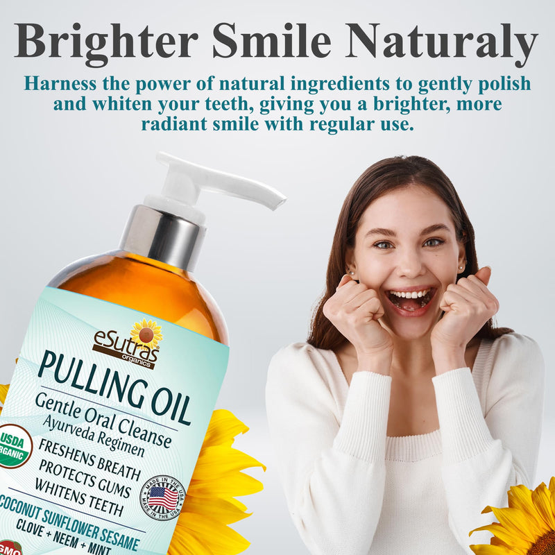 eSutras Pulling Oil Herbal Mouthwash Powerful Coconut Sesame Sunflower Oils + Essential Oils, Mint Clove Whitens Teeth Refreshes Breath Strengthens Gums