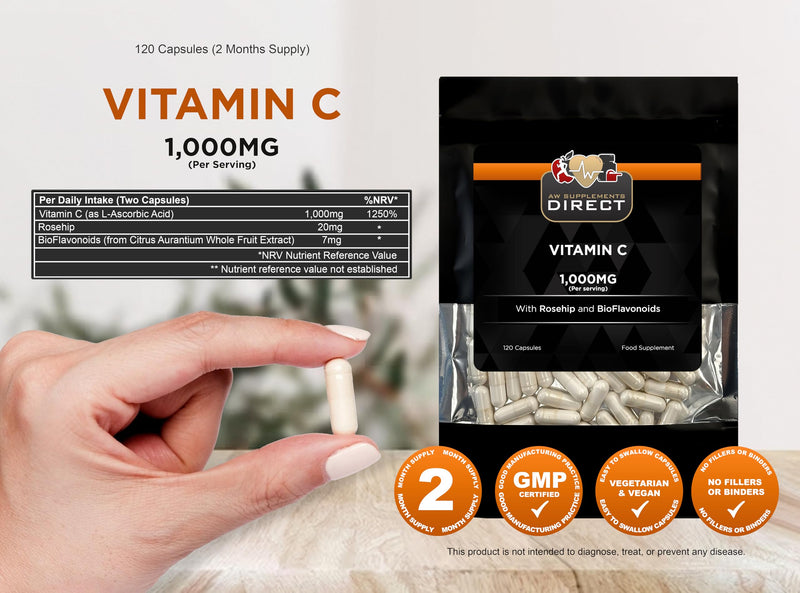 AW Vitamin C | 120 High Strength Vitamin C 1000mg Capsules with Rosehip 20mg & BioFlavinoids 7mg per Serving | VIT C Supplement | Non-GMO & Allergen Free | Manufactured in the UK