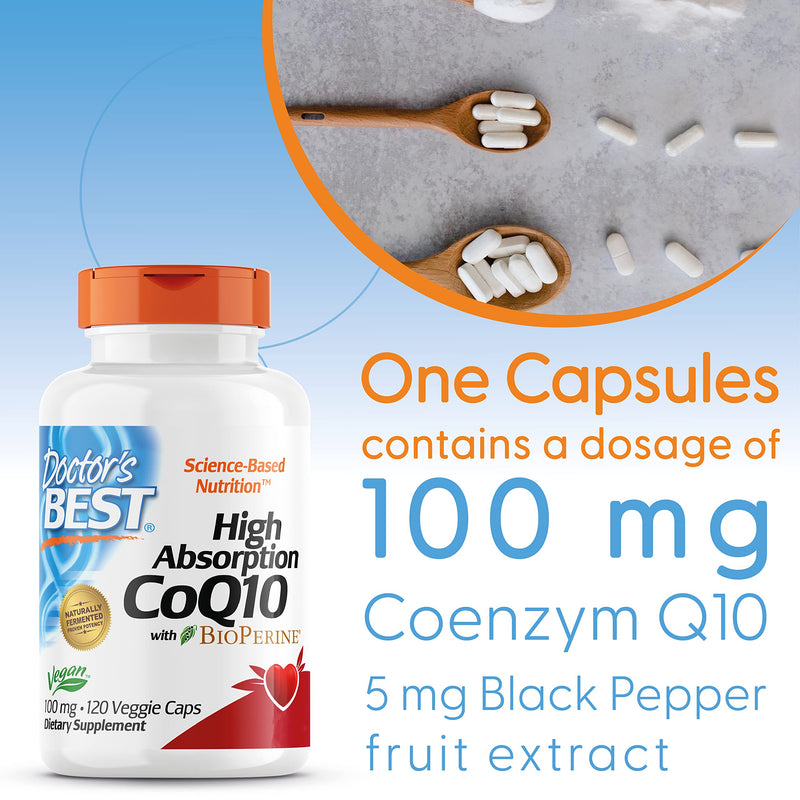 Doctor's Best, High Absorption CoQ10 with BioPerine, 100 mg, 120 Vegan Capsules, Vegetable, Coenzyme Q10, Laboratory-Tested, Gluten-Free, Non-GMO 120 Capsules