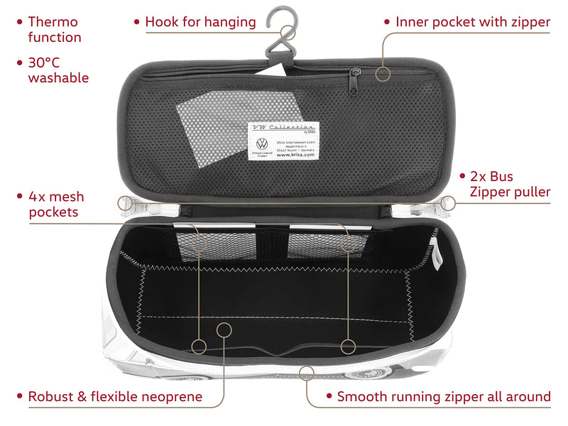 BRISA VW Collection - T2 Bus Camper Toiletry Bag Cosmetic Case | Volkswagen Toiletry Bag Cosmetic Case, Water-Repellent, Hanging Hook, 4 Mesh Pockets for Travel, Bathroom, Neoprene, Large ['Large (30 x 14 x 12 cm)'] ['Blue']