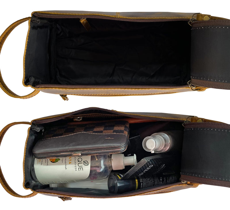 Rustic Town Leather Wash Bag for Men - Travel Toiletry Bag - Shaving Dopp Kit Toiletries Organizer - Leather Makeup Bag for Women | Main Compartment, Interior & Exterior Zip Pockets, YKK Zippers, Waterproof Lining; TSA Carry-On; Gifts for Him, Brown