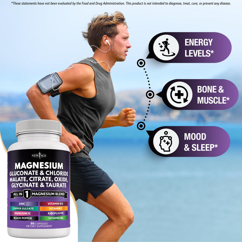 [Australia] - NEW AGE Magnesium Supplement -Powerful Glycinate Citrate Malate Oxide Taurate Aspartate Gluconate Orotate & Mag Chloride Manganese Bone Health and Bone Strength, Joint Support- 180 Count 90 Count (Pack of 2) 