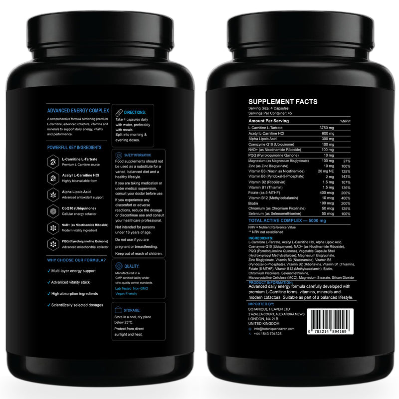 L-Carnitine Complex Energy 5000mg – Advanced Acetyl L-Carnitine Formula with NAD+, PQQ & CoQ10 – Energy & Metabolism Support – 17 Active Ingredients – 180 Vegan Capsules