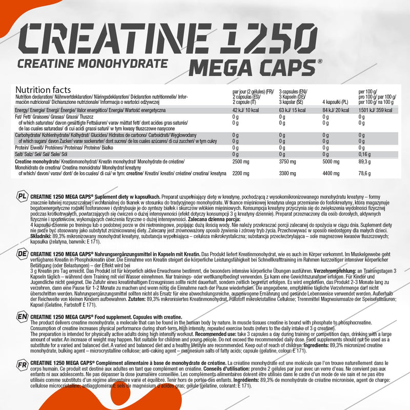 OLIMP SPORT NUTRITION Olimp Creatine 1250 Mega Capsules - Pack of 400 Capsules 400 Count (Pack of 1)