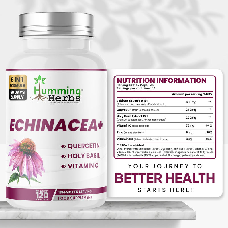 Humming Herbs Echinacea Supplement 6 in 1 | with Holy Basil Quercetin Vitamin C Zinc and Vitamin D3 | 1220 mg per Serving | 120 Vegan Capsules | 60 Day Supply