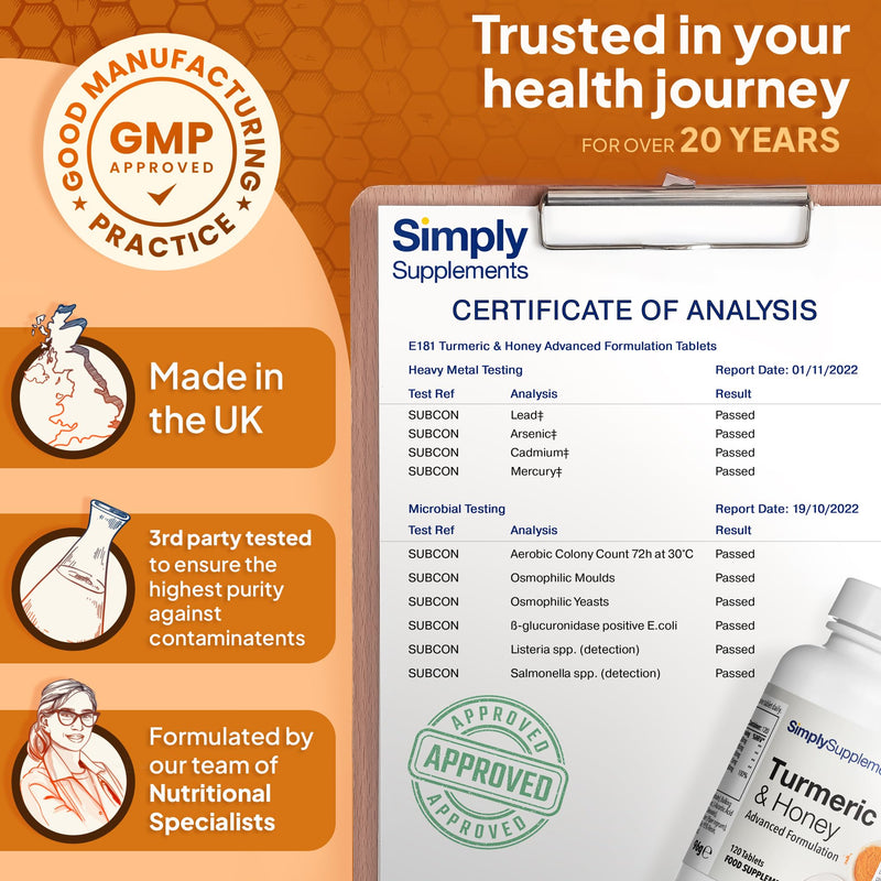 Turmeric and Honey Tablets | 120 Tablets | Vegetarian Friendly | Made in The UK
