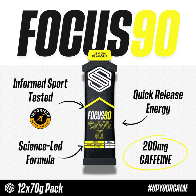 Soccer Supplement Focus90 Caffeine Energy Gels (12 Pack) with 200mg Caffeine, Quick Release Pre Workout Gel with Beta Alanine, Lemon & Lime Flavour