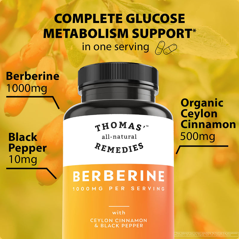 [Australia] - Thomas' all-natural Remedies Berberine 500mg (1000mg Per Serving)- 120 Vegan Capsules- with Ceylon Cinnamon & Black Pepper- Supports Healthy Immune Function & Overall Wellness 