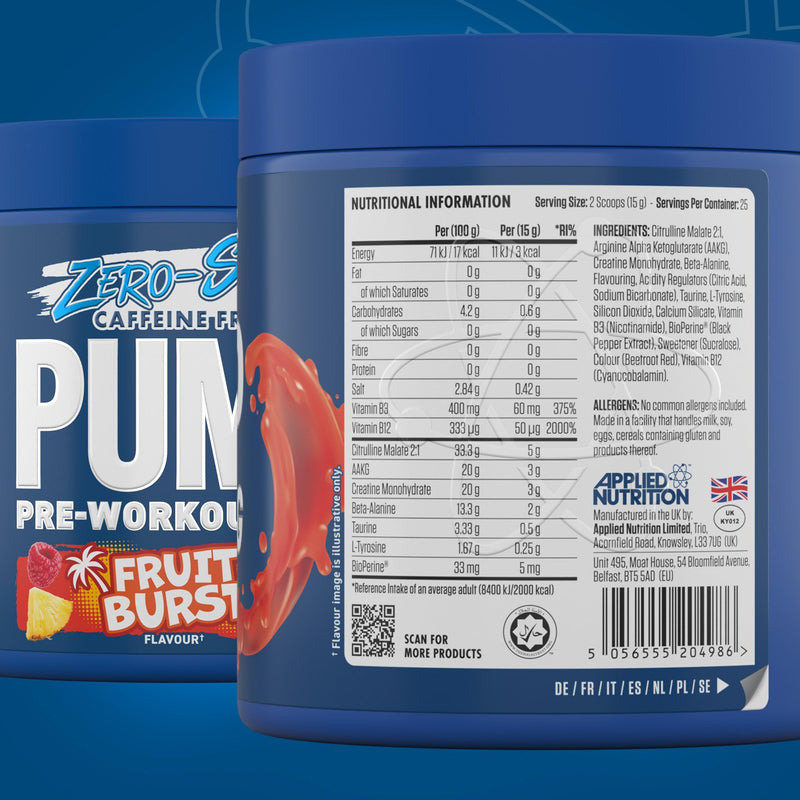 Applied Nutrition Pump Zero Pre Workout - Zero Stim, Caffeine Free, Energy & Performance (375g - 25 Servings) (Fruit Burst) Zero Stimulant - Fruit Burst