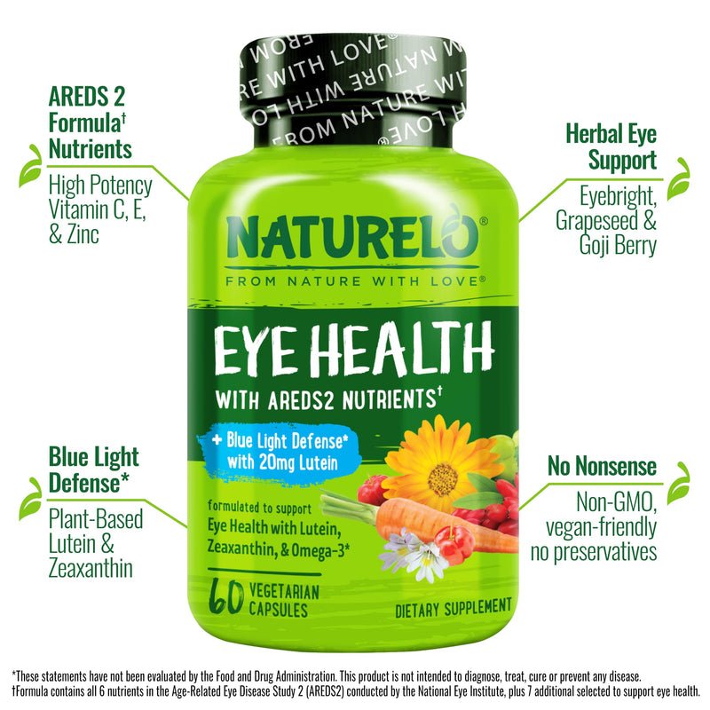 [Australia] - NATURELO Eye Vitamins - AREDS 2 Formula Nutrients with Lutein, Zeaxanthin, Vitamin C, E, Zinc, Plus DHA - Supplement for Dry Eyes, Healthy Vision, Eye Support - 60 Vegan Capsules Unflavored 60 Count (Pack of 1) 