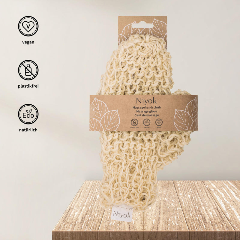 [Australia] - Niyok® massage glove made of sisal • Gentle cleansing & massage for body & face • Natural peeling glove • Body scrub glove • Shower glove for body peeling • Vegan knitted massage glove 