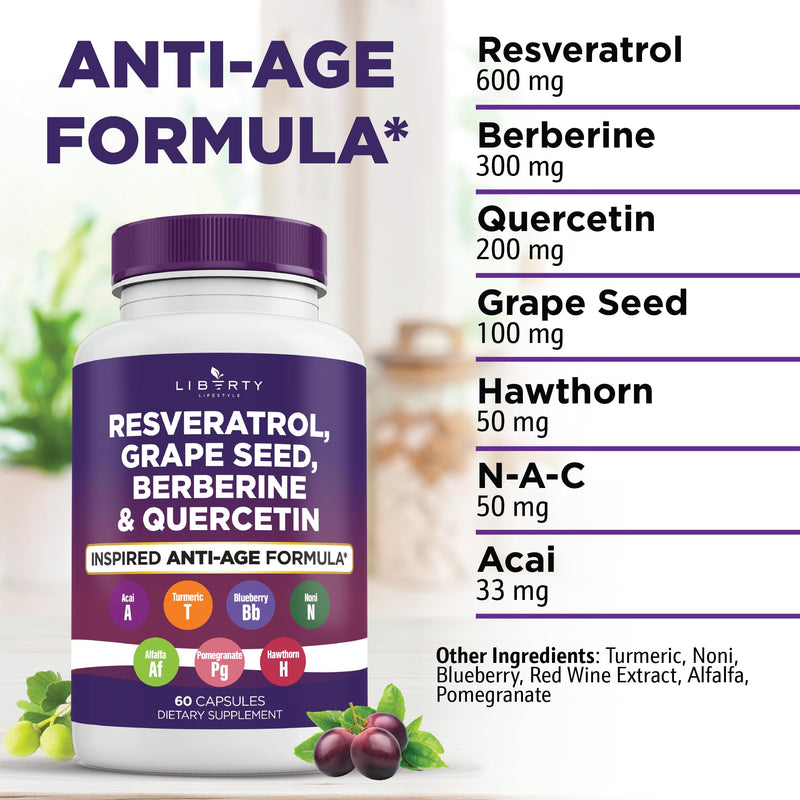 [Australia] - Resveratrol, Berberine, Grape Seed Extract, Quercetin, Polyphenol Supplement for Women and Men with Noni Extract, N-Acetyl Cysteine, Acai Extract - 2-Pack 60 Count (Pack of 2) 