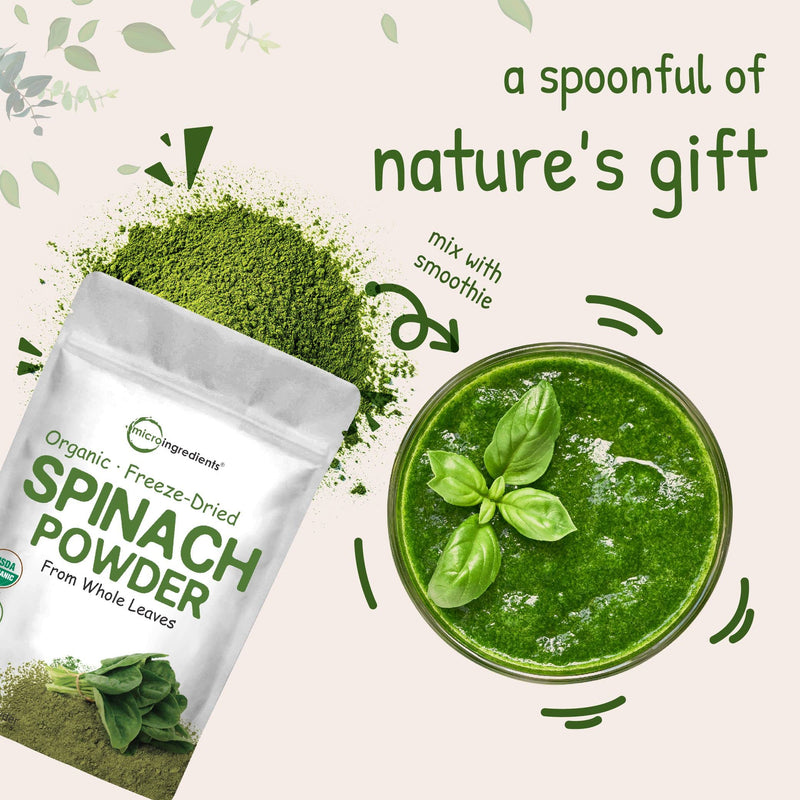 Sustainably US Grown, Organic Spinach Powder, 1 Pound, Freeze Dried from Whole Leaf, Rich in Beneficial Thylakoids and Chlorophyll, Contains Multivitamins, Non-GMO, Vegan Friendly