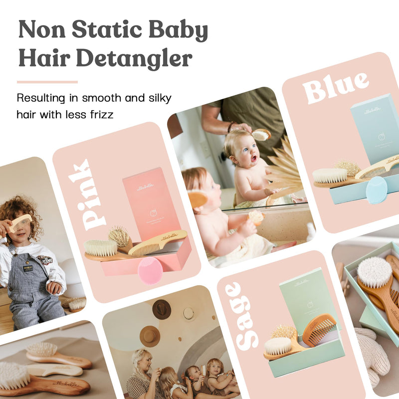 [Australia] - 4 Piece Wooden Baby Hair Brush and Comb Set for Newborns & Toddlers in Chic Gift Box - Ultra Soft Natural Goat Hair and Wood Baby Brush Set Prevents Cradle Cap - Perfect Registry Gift (Pink) Pink 