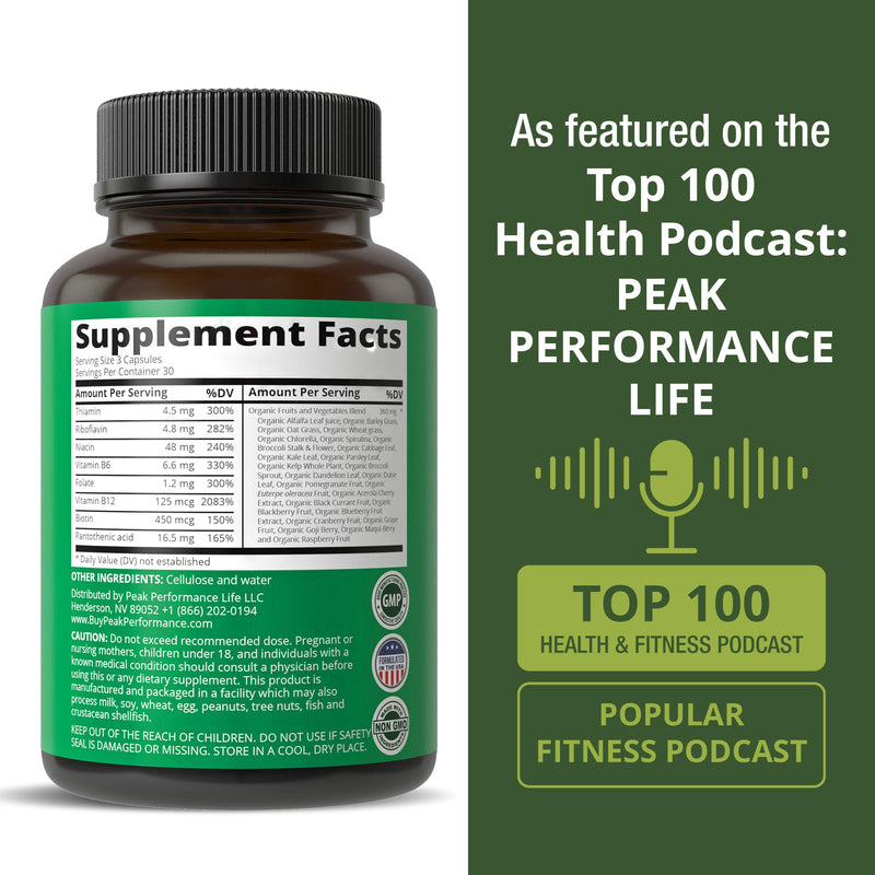 Peak Performance Vegan B-Complex Vitamin Supplements + Whole Food Blend of | 25 Vegetables & Fruits for Max Absorption. B Complex with Vitamins B1, B2, B3, B5, B6, B7, B9, B12. 90 Capsules. Energy Boost
