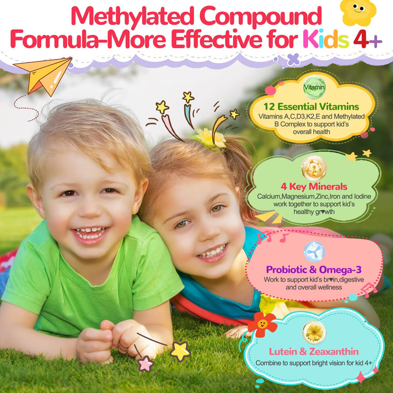 Kids Multivitamin with Probiotics Gummies: Methylated Multivitamin | Sugar-Free Chewable Gummies plus Iron Calcium D3 K2 Elderberry - Picky Eater Immune Growth Digest Health Support, 60Count Peach 60 Count (Pack of 1)