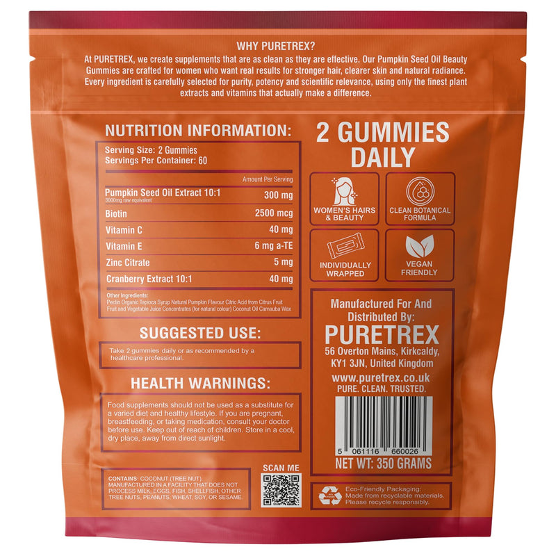 Puretrex Pumpkin Seed Oil Gummies 3000mg, UK Made Hair Growth Gummies for Women with Biotin Vitamin C & E, Vegan, Hair, Skin & Nails Beauty Gummies, Natural Pumpkin Flavour, 120 Gummies