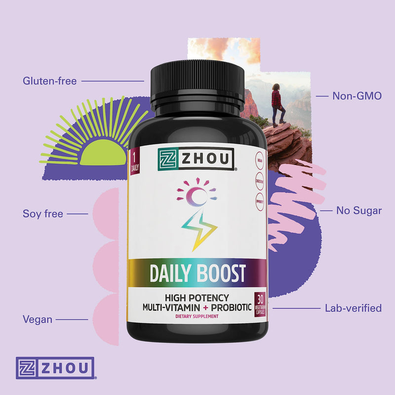 Zhou Daily Boost - Immune Support, Vitamin C - 30 Veggie Capsules | Probiotic Multivitamin for Women & Men, Antioxidant & Eye Health Supplement with Vitamin A, Biotin & Folate for Adults 30 Count (Pack of 1)