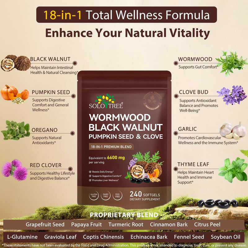 Wormwood Black Walnut Clove Cleanse for Adults, 18-Herb Botanical Blend for Digestive & Intestinal Balance, with Pumpkin Seed, Turmeric, Garlic & Oregano, 80-Day Supply, 240 Softgels 1