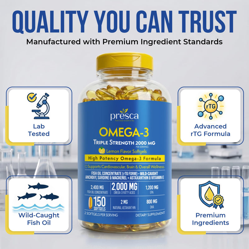 Triple Strength Omega 3 Fish Oil 2400mg w/Astaxanthin 150 Softgels | rTG form 1200mg EPA + 800mg DHA | Vitamin E — Lemon flavor Wild‑caught, Burpless | Supports heart brain & joints | 75 serving