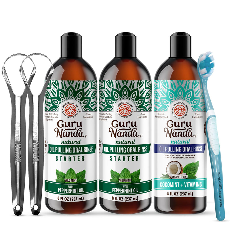 GuruNanda Ultimate Natural Teeth Brightening Bundle - Coconut & Peppermint Oil Pulling (2 Pack) & CocoMint Oil Pulling for a Naturally Bright Smile & Happy Gums