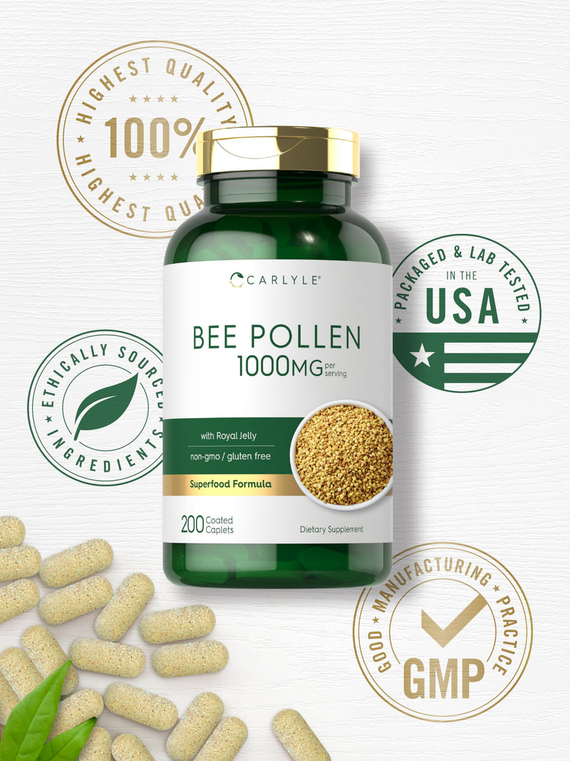 Carlyle Bee Pollen Supplement 1000mg | 200 Caplets | with Royal Jelly and Bee Propolis | Vegetarian, Non-GMO, Gluten Free