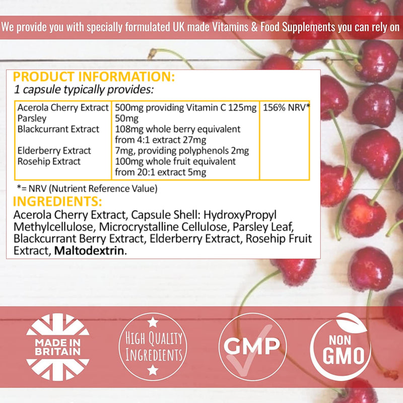 Acerola Cherry Extract 120 Vegan Capsules - Natural Vitamin C (Food Form) Complex - Enhanced with Rosehip, Elderberry, Parsley and Blackcurrant Extract - UK Made to The GMP Code of Practice