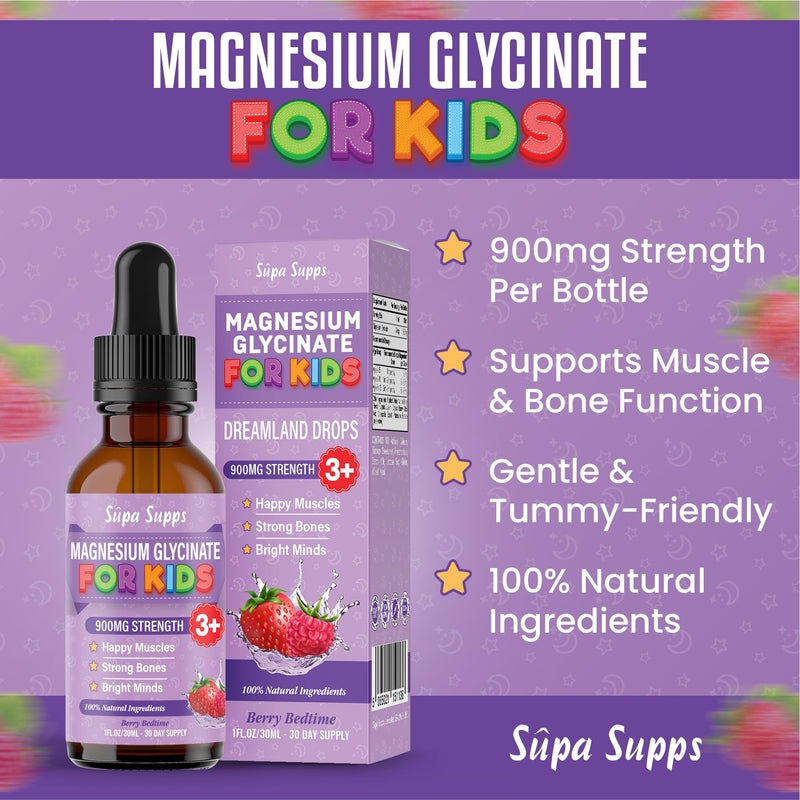 Kids Magnesium Glycinate 30ml - Berry Bedtime | Supa Supps Liquid Magnesium Glycinate 3-in-1 Drops Support Relaxation, Calm, Balanced Energy, Focus & Growth | Easy Daily Supplement 1 Months Supply