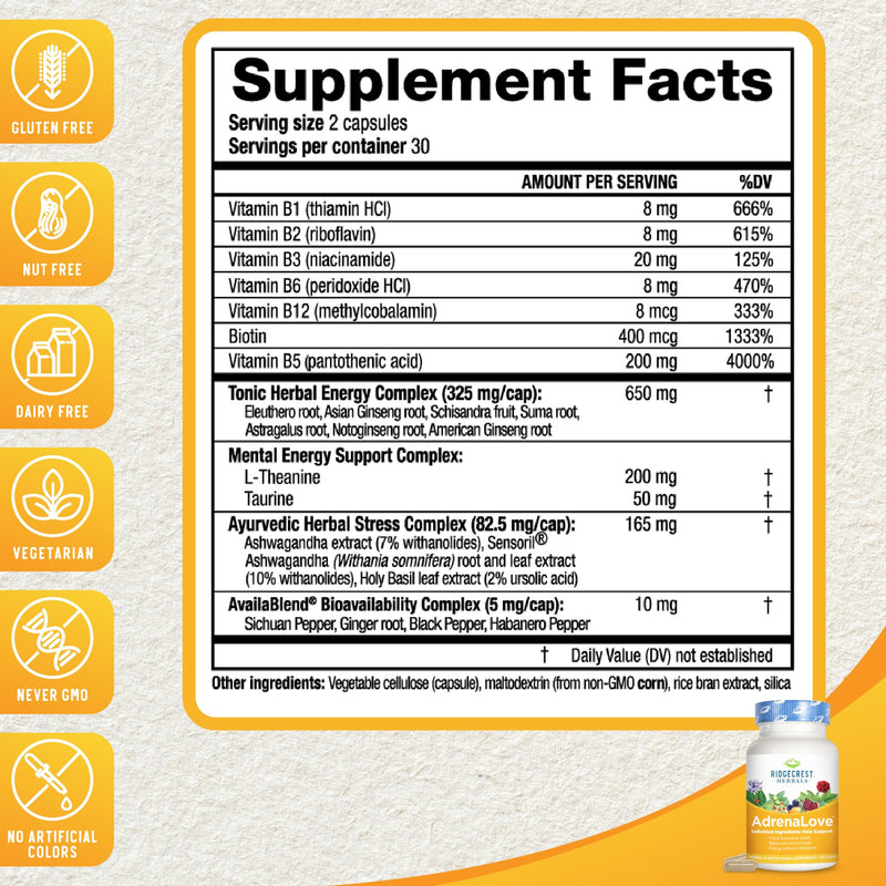 [Australia] - RidgeCrest Herbals Adrenal Fatigue Fighter (New Name Soon: AdrenaLove), Supplement with Ashwagandha, L-Theanine, Ginseng, Schisandra, Taurine, Holy Basil, Adaptogens, B Vitamins (60 Caps, 30 Serv) 