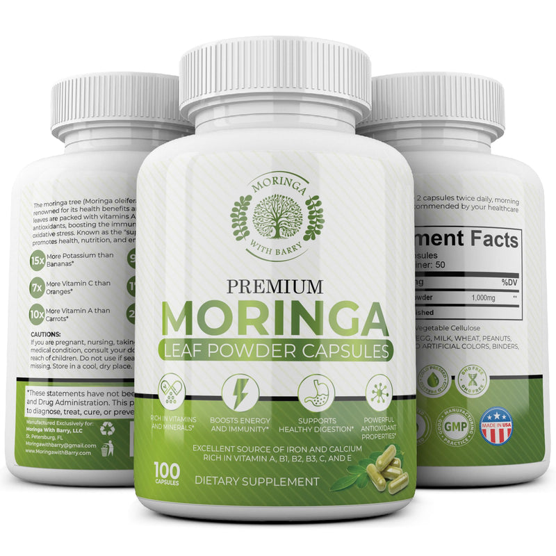 Moringa Capsules – 100% Pure Moringa Powder, Vegan Superfood Supplement for Energy, Immunity, Digestion & Vitality – Rich in Vitamins, Antioxidants & Minerals – Non-GMO, Gluten-Free – 100 Vegan Caps