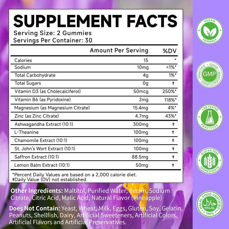Saffron Gummies for Adult Kids, 10-IN-1 Cortisol Support Supplement with Saffron 88.5mg, Vitamin D3, B6, Magnesium, Zinc, Ashwagandha, L-Theanine, St. John's Wort, For Emotions, Slumber, 60 Count 60 Count (Pack of 1)