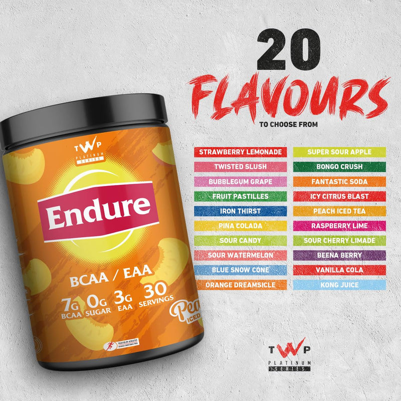 TWP Nutrition Platinum Series Endure, EAAs & BCAAs Electrolyte Blend Pre, Intra and Post Workout, Zero Sugar, 510g and 30 Servings, 20 Great Flavours (Peach Iced Tea) Peach Iced Tea