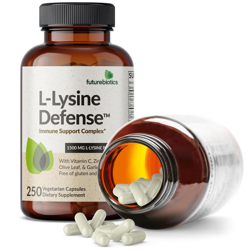 Futurebiotics L-Lysine Defense Immune Support Complex 1500 MG Per Serving with Vitamin C, Zinc, Olive Leaf & Garlic - Non-GMO, 250 Vegetarian Capsules 250 Count (Pack of 1)