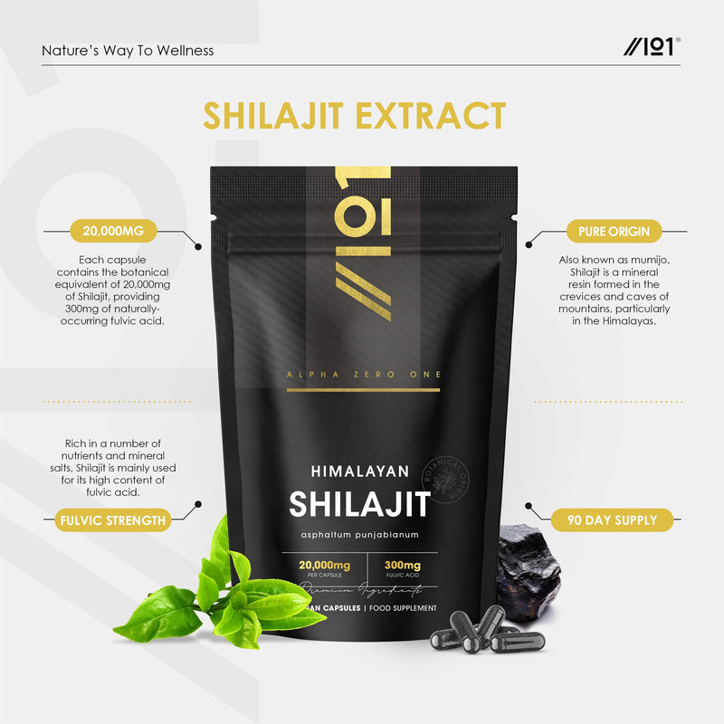 Himilayan Shilajit Capsules 20,000mg - 60% Fulvic Acid - 90 Vegan Capsules - High Strength Shilajit Resin Supplement (3 Months Supply) - Resealable and Recyclable Pouch by Alpha01