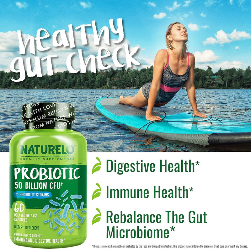 NATURELO Probiotic - Ultra Strength - 50 Billion CFU - 11 Lacto & Bifido Strains - One Daily - Gut-Friendly Bacteria - No Refrigeration Needed - 60 Vegan Capsules | 2 Month Supply 60 count (Pack of 1)