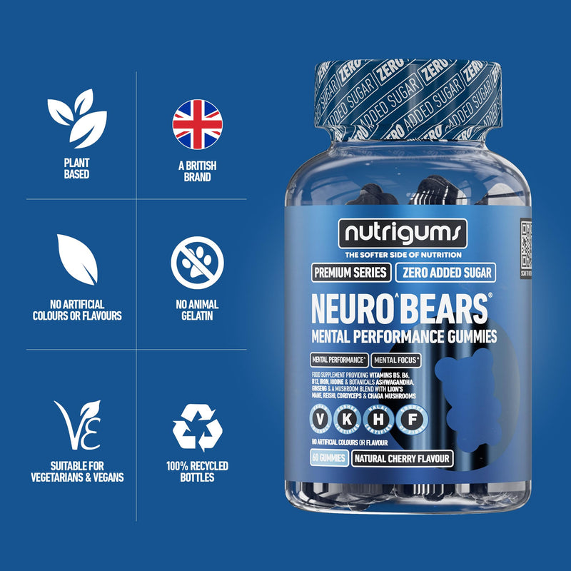Cognitive Performance Gummies | Ashwagandha, Ginseng, Lions’ Mane | Reishi, Chaga & Cordyceps Mushrooms + B5, B6, B12, Iron, Iodine | No Added Sugar | Cherry Flavour | 60 Vegan Gummies | Neuro Bears®