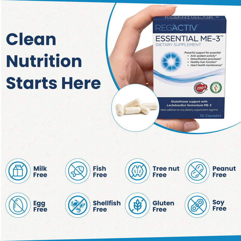 Reg'Activ Essential ME-3 Glutathione Supplement, Probiotic, 30 Vegan Caps | 8 Billion CFU of Lactobacillus Fermentum ME-3 Supports Glutathione Activity and Natural Antioxidant Defenses.*