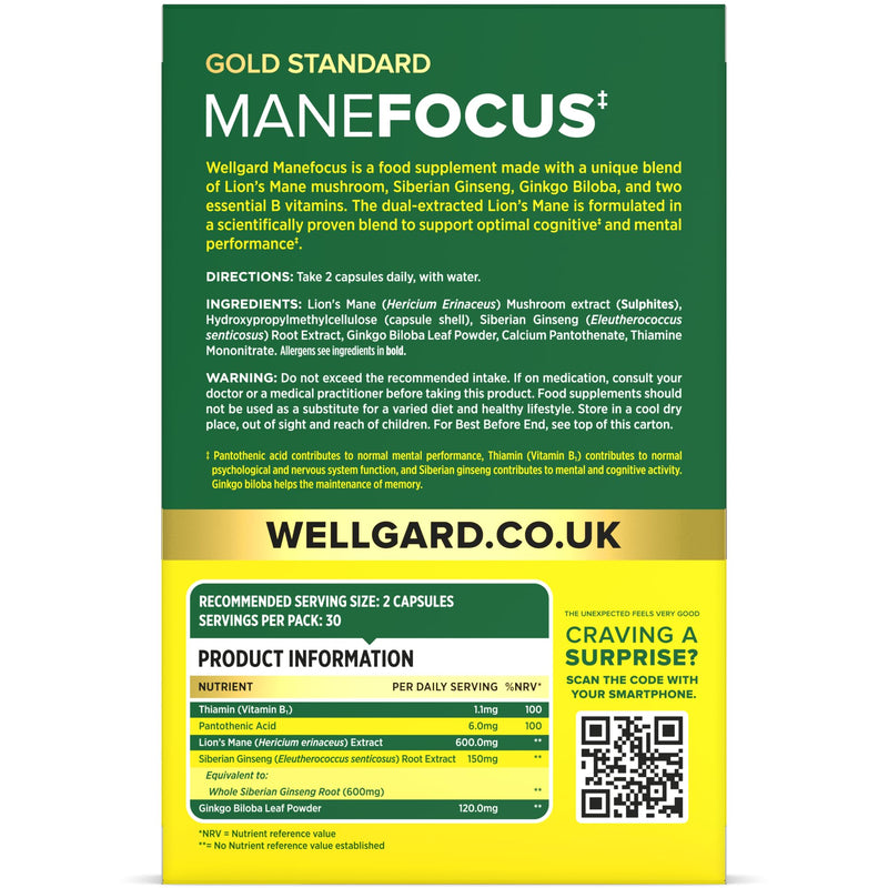 Wellgard Manefocus - Lions Mane Supplement Capsules for Mental Performance, Brain Health, Memory, Clarity, 60 Capsules