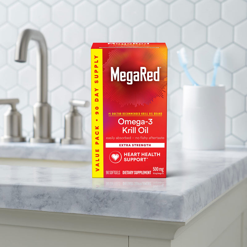 MegaRed Antarctic Krill Oil 500mg Omega 3 Fatty Acid Supplement, Extra Strength EPA & DHA Krill Oil Softgels (90cnt Box), Astaxanthin, Heart Health Supplement with No Fish Oil Aftertaste | Antioxidant Astaxanthin, Phospholipids, EPA & DHA, Heart Suppor...