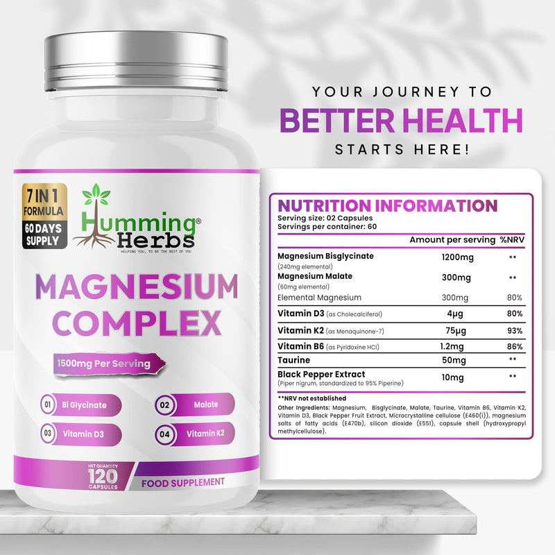 Humming Herbs Magnesium Bisglycinate & Magnesium Malate with Vitamin D3, K2 & Vitamin B6-300mg Elemental Magnesium -120 Capsules