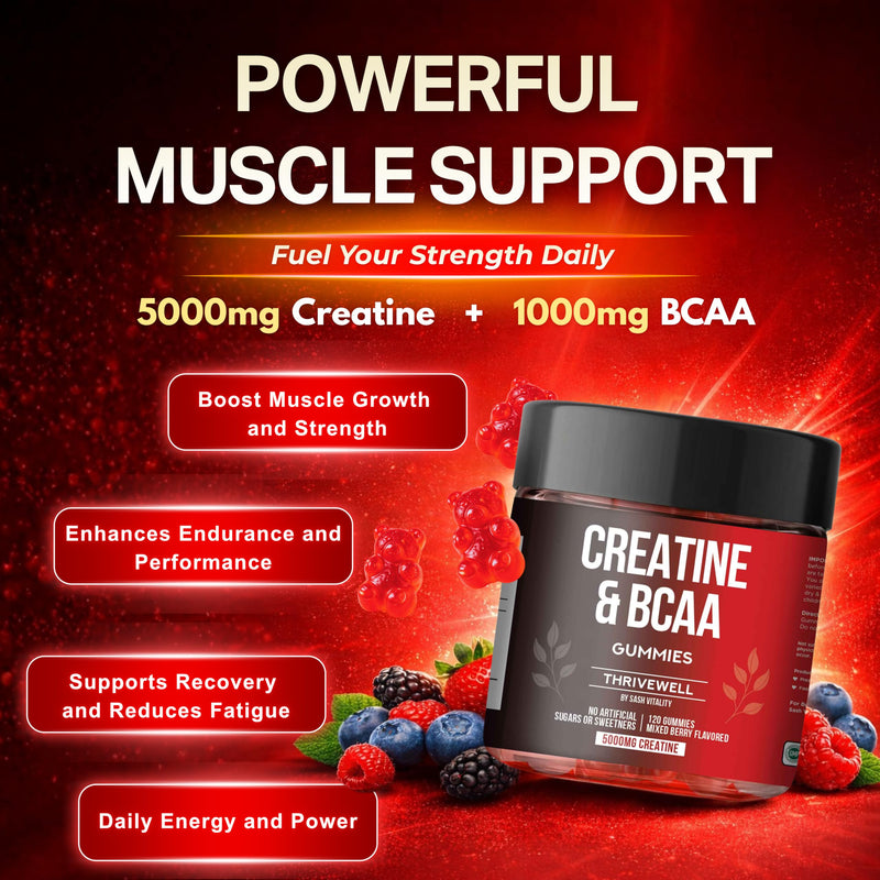 Creatine Monohydrate Gummies 5000mg with 1000mg BCAAs | 45 Days Supply | Naturally Sweetened | No Artifical Sugars | Premium Vegan Gummies | Mixed Berry Flavour | 120 Gummies 1 count (Pack of 120)