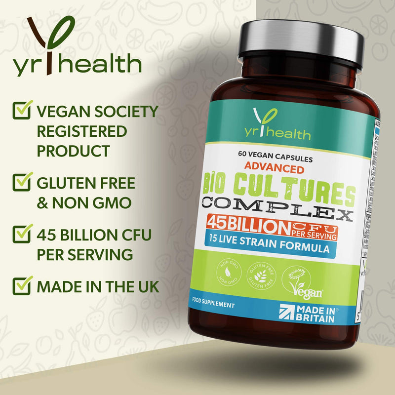 Vegan Bio Cultures Complex - 45 Billion CFU, 15 Active Bacteria Strains - Maximum Strength Multi Strain Complex - Probiotics Women Gut Health and Men, 60 Capsules - Made in The UK by YrHealth