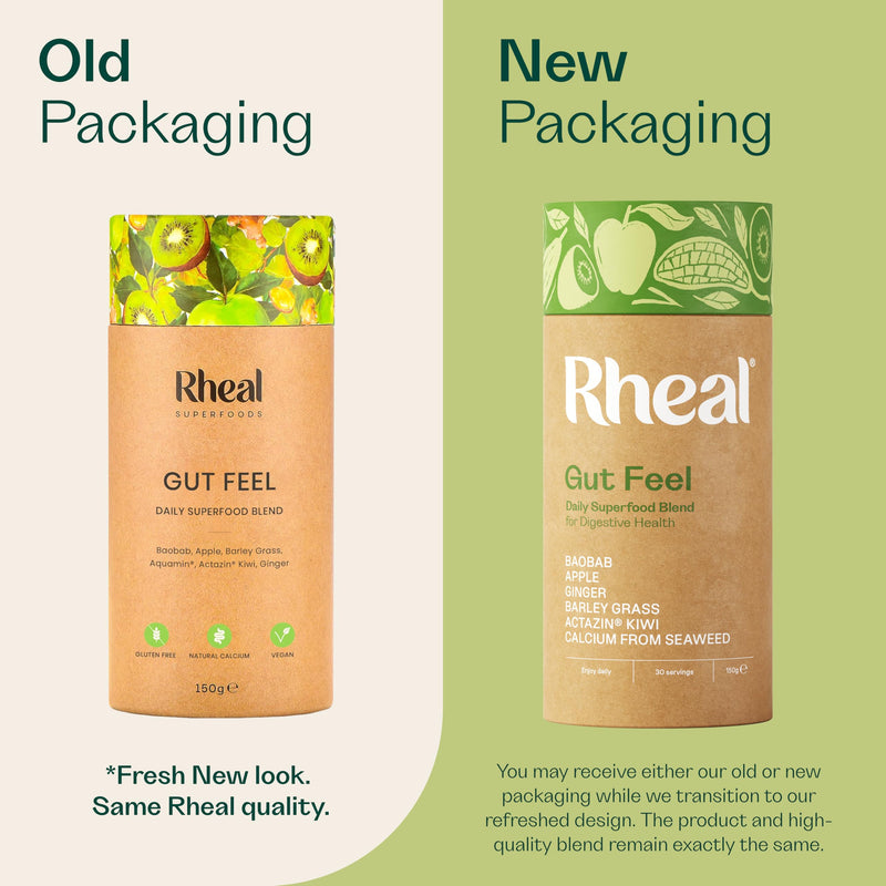 Rheal Gut Feel 150g – Gut Health Superfood Blend with Actazin® Kiwi, Aquamin® Calcium & Ginger – Supports Digestion, Bloating & Bowel Regularity – Gluten-Free. 30 Servings