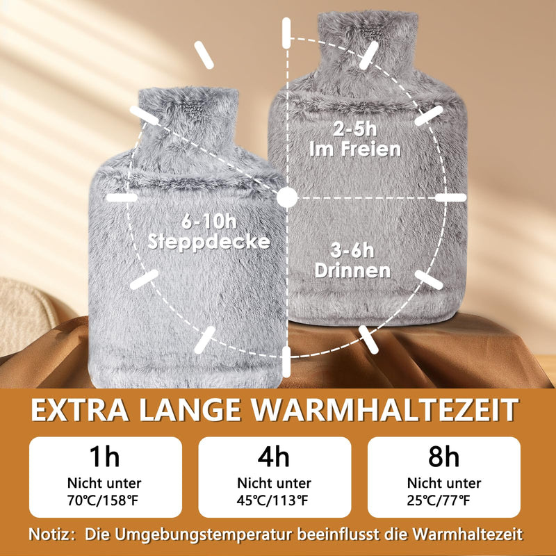 [Australia] - NOVATREK Hot Water Bottle with Cover, 2L Hot Water Bottles Large, Leak-Proof Fluffy Hot Water Bottle with Kangaroo Cuddly Soft Fur Cover for Adults & Children, Gifts for Women, Bed Bottle (Grey) Grey 