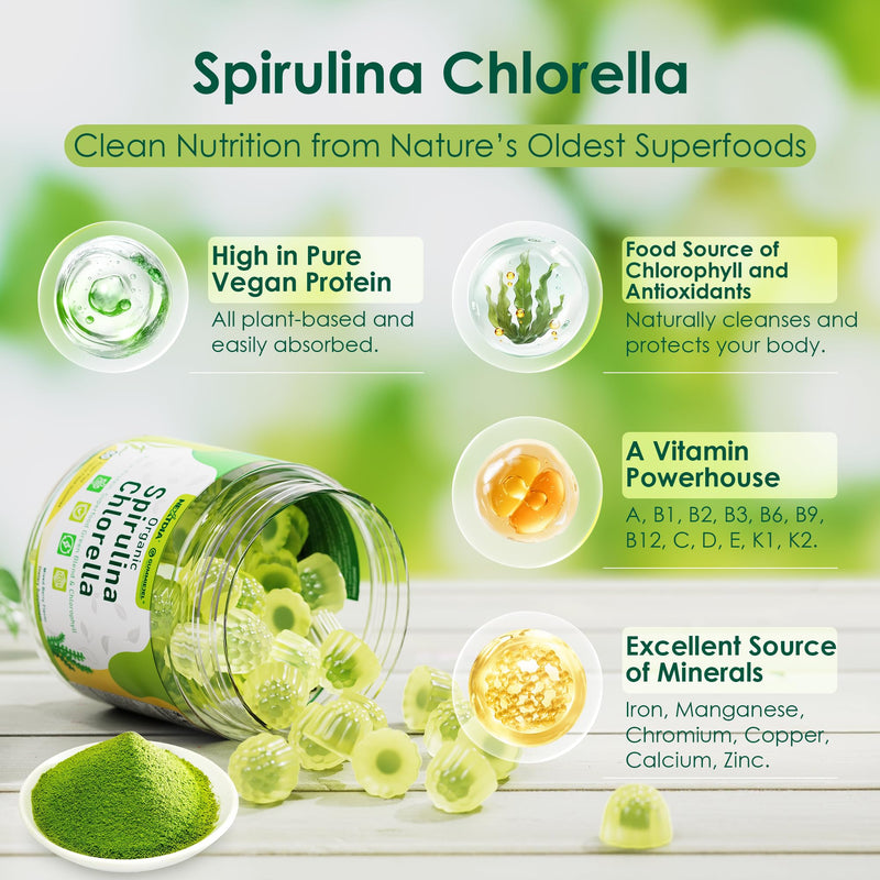 Organic Spirulina Chlorella Gummies + Super Greens, High in Vegan Protein & Chlorophyll, Green Algae + Broccoli，Moringa, Spinach, C, D3, Zinc, B12 for Energy, Gut, Immune, Antioxidant, No Sugar, 60Cts 60 Count (Pack of 1)