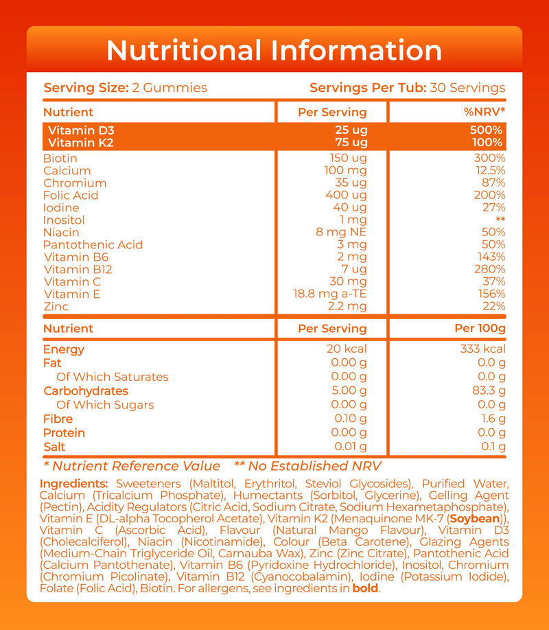Vitamin D3 K2 Gummies 1000IU, 60 Vegan Gummies, Sugar Free | Vitamin D Gummies Adults, High Strength Vitamin D and K2, Mango Flavour, 13 Added Vitamins and Minerals, 1 Month Supply