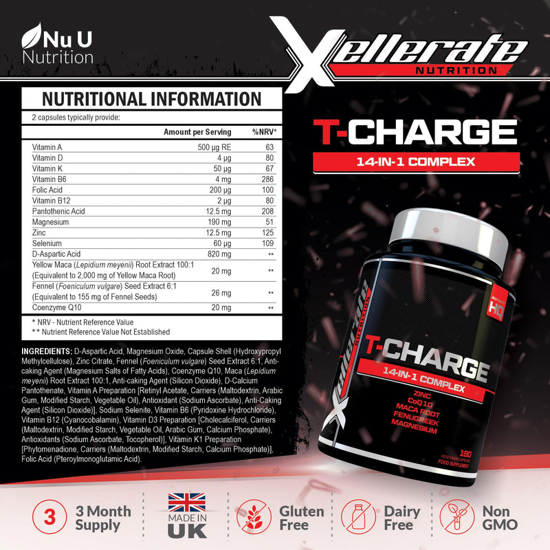T-Charge for Men Supplement - 180 Vegetarian Capsules - Complex with 14 Active Ingredients Including Zinc, Magnesium & Maca Root - Made in the UK - Xellerate Nutrition